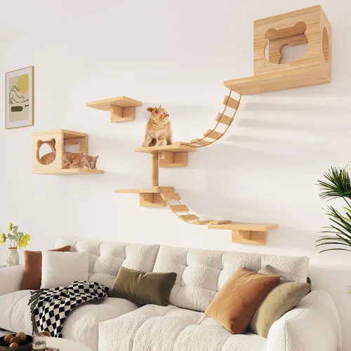 Vista 2 de PETKABOO - Muebles de pared para gatos, muebles de pared de pino para gatos, estantes de escalada con escalador, condominio, poste rascador