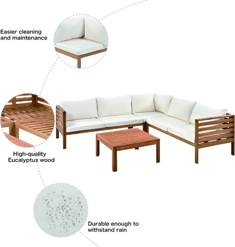 Vista 4 de Juego de 4 muebles de patio al aire libre, sofá seccional de madera de acacia con asiento cojines beige, asiento de conversación seccional