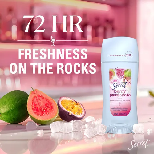 Vista 3 de Secret Desodorante antitranspirante para mujeres, paquete de barra y aerosol, Berry Passionate con aroma de maracuyá y guayaba, 72 horas de frescura