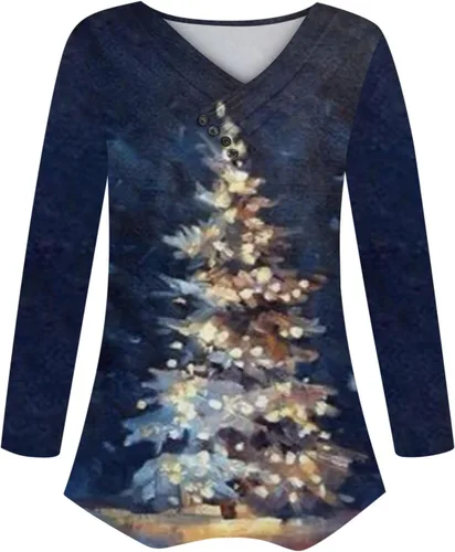 Vista 2 de Camisetas Manga Larga para Mujer Estampado Patrones navideños, Camisetas Estampado de árbol de Navidad y Papá Noel