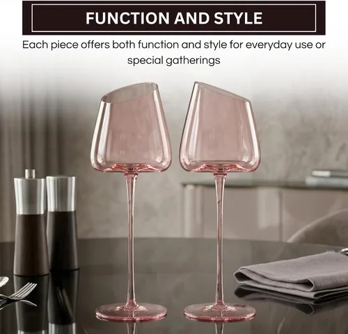 Vista 3 de Khen Copas de vino rosa, regalo Juego de 2 Cristalería inclinada de 18 onzas color rubor rosa, vidrio de tallo alto, regalos para esposa, novia
