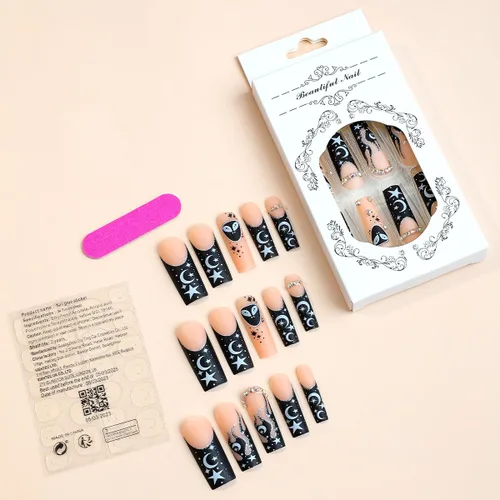 Vista 5 de Uñas postizas cuadradas extralargas a presión, uñas postizas francesas negras con pegamento con diseños de estrella, luna y llama, diamantes de Long