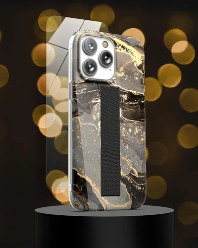 Vista 4 de ENCASED Funda para iPhone 14 PRO con correa de mano y protector de pantalla (anillo de mármol dorado)