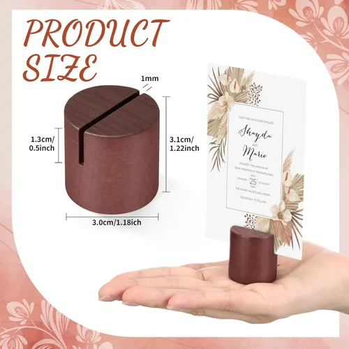 Vista 4 de Kathfly 12 soportes de madera para números de mesa, soportes para tarjetas de lugar, soporte de número de mesa cilíndrica a granel, soporte