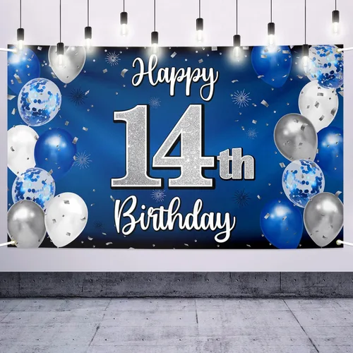 Vista 50 de Decoración de feliz cumpleaños número 100, globo azul y plateado grande cartel de fondo de cumpleaños de 100 años - Suministros para fiesta
