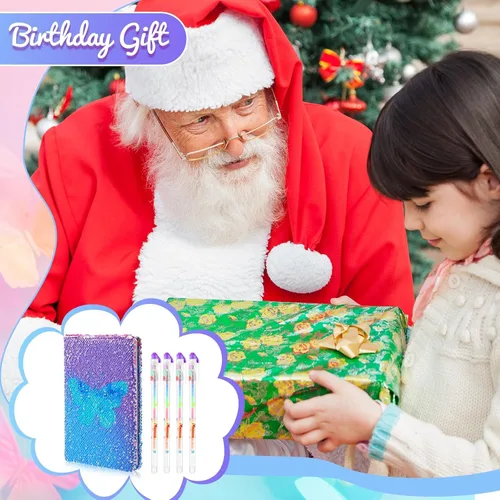 Vista 7 de Outus Juego de diario de lentejuelas para niñas con 4 bolígrafos de tinta de gel de color, diario reversible, cuaderno de lentejuelas con purpurina