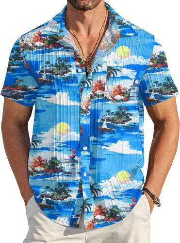 Vista 27 de COOFANDY - Camisas de botones casuales para hombre, de manga corta, con textura, camisa de playa de verano con bolsillo