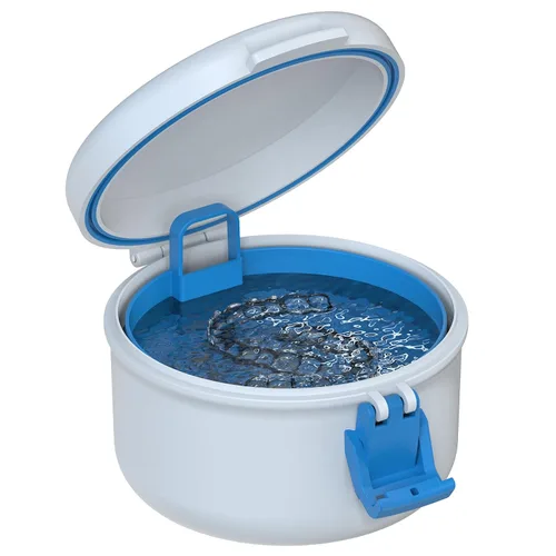 Vista 8 de BVN Taza de baño de dentadura a prueba de fugas para viajes, taza de dentadura para remojar dentaduras, estuche de limpieza retenedor con colador