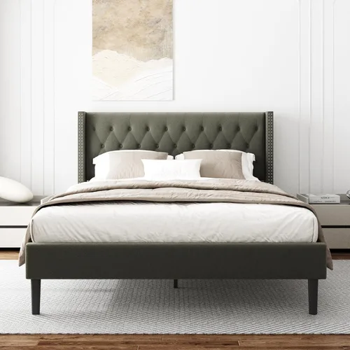 Vista 10 de HAOARA Base de cama tamaño Queen, plataforma tapizada con cabecera con respaldo de ala, botón de terciopelo, fácil montaje, no necesita somier, Beige