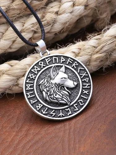 Vista 3 de HAQUIL Viking Wolf Necklace, Ancient Runes Medallion with Fenrir Wolf Head Pendant, Viking Jewelry Gift