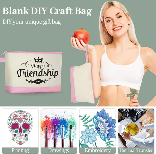 Vista 6 de Silkfly Bolsas de maquillaje de lona de algodón con cremallera cosmética de 10.2 x 5.5 x 2 pulgadas, bolsa de bricolaje en blanco a granel