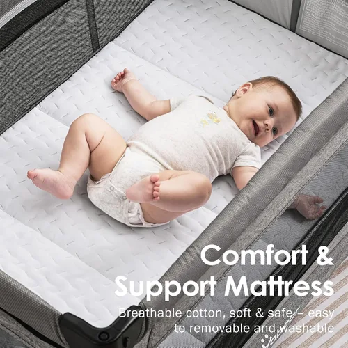 Vista 5 de Moisés para bebé 4 en 1 con colchón, configuración de un solo empuje, cuna de noche con cambiador de pañales de recién nacido a niño pequeño (gris)