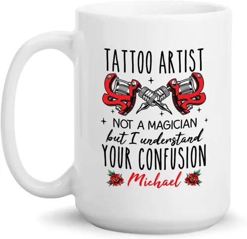 Vista 8 de Taza de artista de tatuaje floral, taza de café personalizada para tatuajes, taza de tatuaje personalizada con nombre regalo para amantes