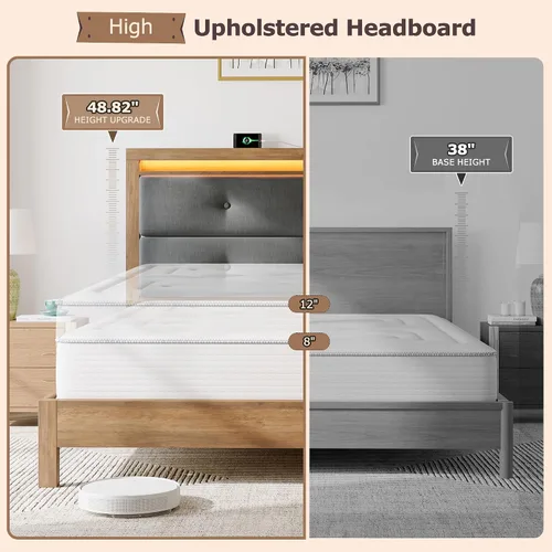 Vista 9 de EnHomee Base de cama de tamaño matrimonial con carga USB y tipo C y luces LED, cabecera de almacenamiento tapizada, cama de plataforma de madera