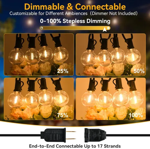 Vista 4 de Guirnalda de luces para exteriores de 100 pies, impermeable, conectable, regulable con 52 bombillas LED inastillables, paquete de 2 tiras de luces