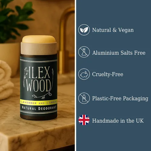 Vista 2 de The Ilex Wood Desodorante natural – 2.4 fl oz. Hecho a mano, sin sal de aluminio, sin plástico, libre de crueldad y alcohol, vegano, tubo de cartón