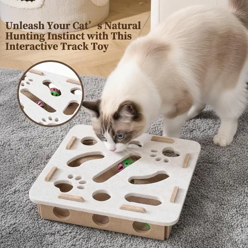 Vista 7 de Juguete interactivo de rompecabezas para gatos, caja de laberinto de fieltro con 3 bolas de cascabel para gatos de interior, estimulación mental
