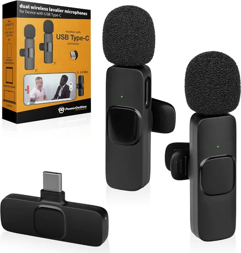 Vista 8 de PowerDeWise Micrófono de solapa Lavalier inalámbrico profesional para iPhone, iPad - Micrófono de grabación de condensador omnidireccional dual