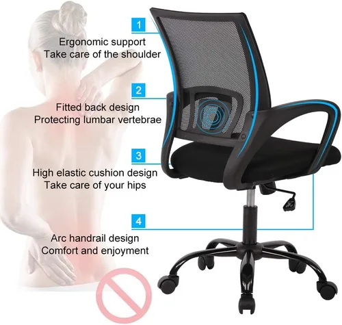 Vista 3 de Silla de oficina ergonómica de malla con respaldo medio, soporte lumbar, ajustable, giratoria, enrollable, silla de escritorio rosa con brazos
