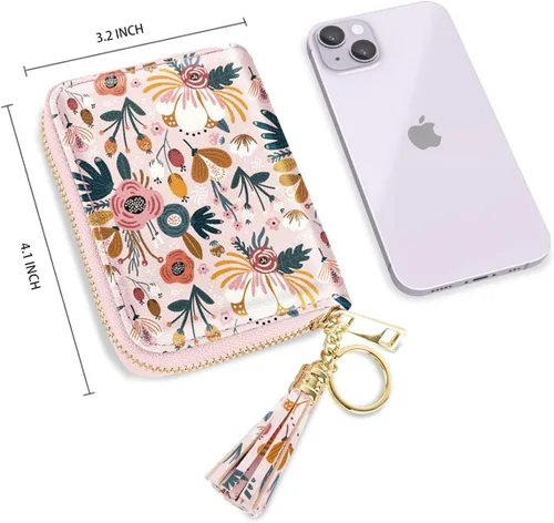 Vista 4 de Coco Rossi Billetera pequeña para tarjetas de crédito RFID con purpurina linda para mujer, C Flores rosadas
