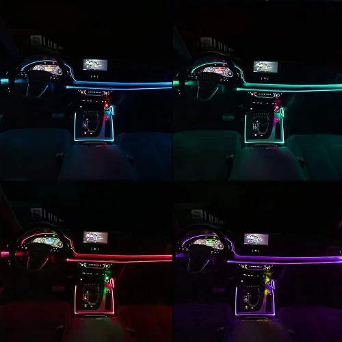Vista 5 de Luces interiores de automóvil, 13 en 1 iluminación ambiental RGB multicolor, tira de alambre EL, tubo de neón de fibra óptica de 12 V, modo