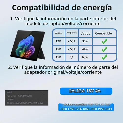 Vista 5 de Cargador de 65 W y 44 W compatible con Microsoft Surface Pro 9 8 7+ 7 6 5 4 3 X Surface Laptop 5 4 3 2 1 compatible con modelos 1706 1950 1943 1876