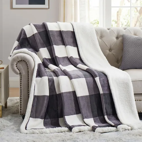 Vista 18 de PU MEI Manta Sherpa Individual a Cuadros Gruesa para Cama, 60"*80" Franela Súper Suave Difusa Forro Polar Reversible Terciopelo Afelpado Manta