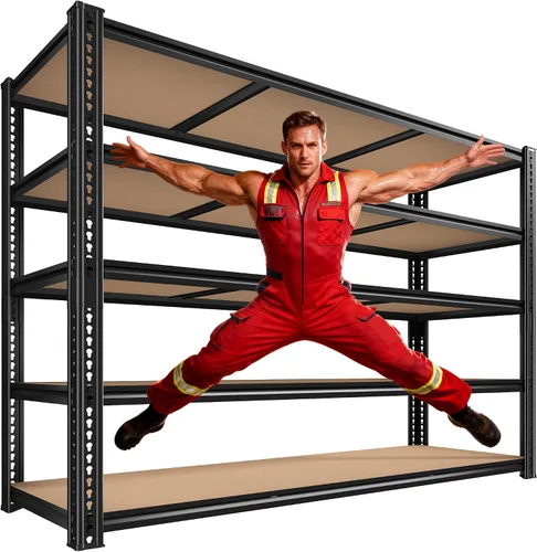 Vista 13 de ROOMFAVE Estantería de metal para garaje de 60 pulgadas de ancho, estantes de almacenamiento de 2800 libras, estantería ajustable de 4 niveles