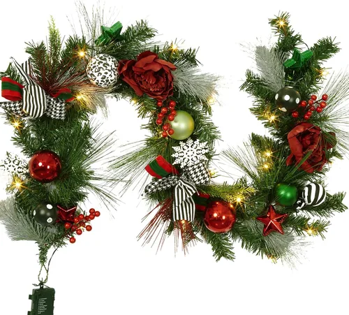 Vista 9 de Guirnalda de Navidad de 6 pies con luces, guirnalda artificial preiluminada de Navidad con conos de pino y flor de pascua, guirnalda de Navidad Oro