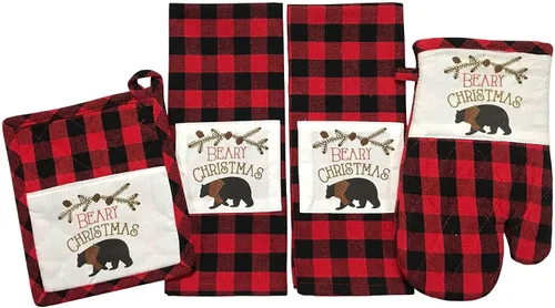 Vista 22 de Paños de Cocina y Agarraderas Navideños - Juego Alegre de Navidad de 4 Piezas 100% Algodón Verde Rojo Blanco - Dos (2) Paños de Cocina, Un (1)