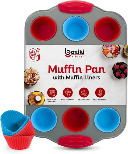 Vista 8 de Boxiki Kitchen Molde de acero antiadherente para magdalenas de 6 tazas con asas de silicona y forros reutilizables, perfecto para hornear magdalenas