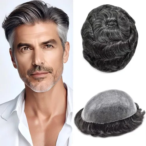 Vista 114 de Toupee para hombre 100% cabello humano real tupé para hombres 0.004 in piel de poliuretano para hombre, sistema de reemplazo de piezas de pelo