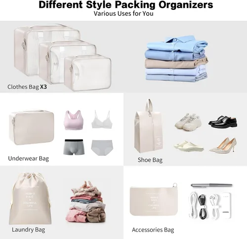 Vista 3 de Lcsmaokin Juego de 7 cubos de embalaje, organizadores ligeros y esenciales de equipaje de viaje para accesorios de viaje con una bolsa para zapatos