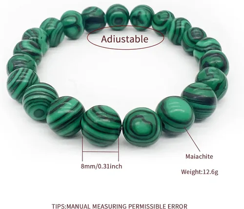 Vista 3 de HUJUON Juego de 2 pulseras de malaquita natural, hechas a mano, piedras preciosas de malaquita con cuentas de piedra natural para yoga, mujeres