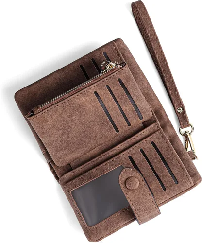 Vista 8 de RNIEGA Cartera pequeña de cuero plegable para mujer, con bloqueo RFID, con tarjetero y ventana de identificación, monedero