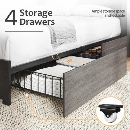 Vista 5 de HISOFT Base de cama Queen con cabecera de almacenamiento, cama de madera con estantería de alto almacenamiento, se envía en 2 cajones, 4 cajones