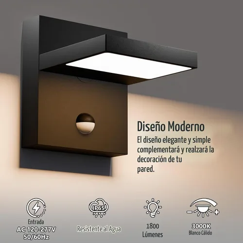 Vista 2 de Luz exterior con sensor de movimiento, luces LED de seguridad de 900 lúmenes, impermeables, con cabezal ajustable de 120°, iluminación de pared IP54