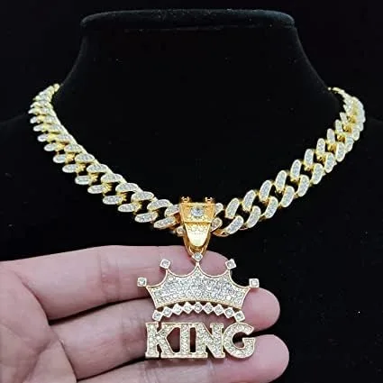 Vista 4 de HUYHOAT - Corona de hip hop para hombres y mujeres collar con colgante de King con cadena cubana de 031 pulgadas 0512in collares de moda con dijes