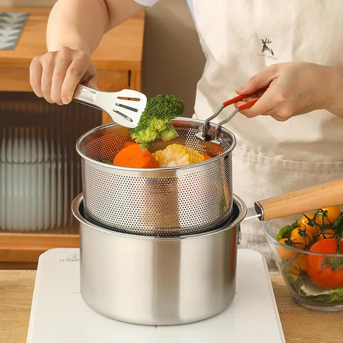 Vista 8 de Set de colador de pasta de 2 piezas, colador de fideos de acero inoxidable con asa extraíble, colador de pasta de metal, cesta para freidora