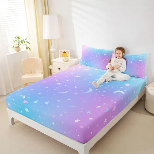 Vista 3 de Sábana bajera de galaxia tamaño individual, juego de ropa de cama con purpurina degradado para niños, niñas, niños y mujeres, decoración