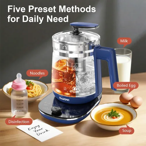 Vista 5 de Hervidor eléctrico, 1.5 L, vidrio borosilicato, hervidor de agua caliente eléctrico y tetera para café o té, sin BPA, apagado automático, acero Azul
