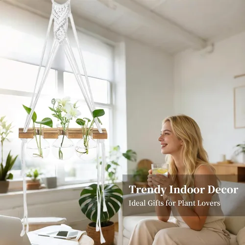 Vista 5 de Glasseam Estaciones de propagación de macramé colgantes: jarrones de propagación de vidrio para ventanas de pared para plantas hidropónicas
