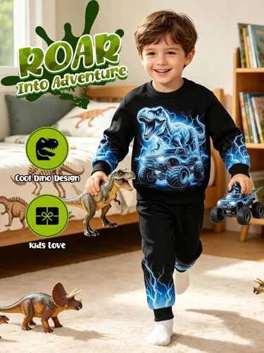 Vista 2 de Ochine Ropa para niños pequeños, sudadera de manga larga con estampado de dinosaurio T-Rex, sudadera y pantalones, 2 piezas, trajes de otoño e