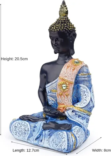 Vista 8 de Escultura meditadora de Buda Polystone, estatuas de Buda pintadas a mano, estatuas de Buda para el hogar, decoración de meditación, decoración Azul