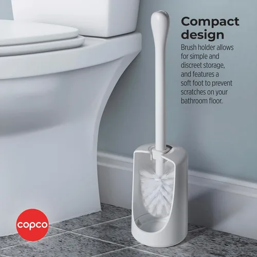 Vista 6 de Copco Escobilla de inodoro con soporte, juego de cepillos de baño de plástico blanco, diseño de fácil liberación, organizador compacto