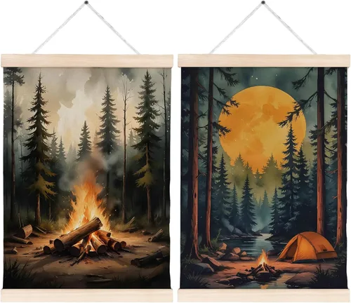 Vista 9 de FITIE Arte de pared para el hogar, bosque rústico, fogata, campamento, arte de pared, paisaje de naturaleza de montaña oscura, escena nocturna