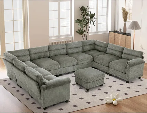 Vista 68 de HAOMARKETS Sofá esquinero modular en forma de L de 115 pulgadas con 2 otomanas móviles, sofás de pana de 8 plazas con cojín grueso para sala de Beige