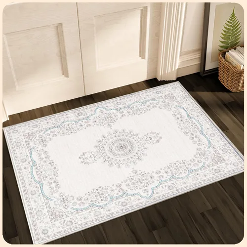 Vista 225 de Istana Alfombra larga antideslizante de 2.5 x 8 para el hogar, para pasillo y cocina, lavable, sedosa y suave al tacto, elegante, color azul y marfil