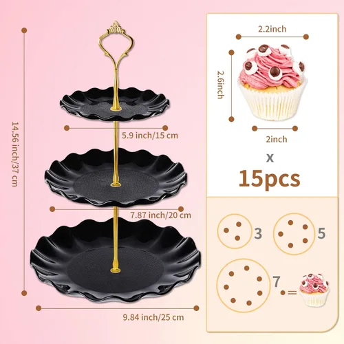 Vista 3 de BACUTHY Soporte para magdalenas de 3 niveles, toalla de soporte para pastel de plástico con bandeja de servicio escalonada para magdalenas, donuts