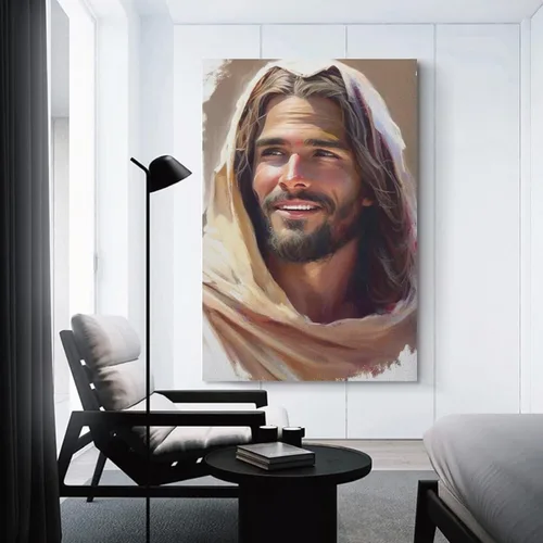 Vista 3 de Impresionante estética artística Jesús riendo, arte de Cristo en acuarela, Cristo sonriente, impresiones artísticas de Jesús, pinturas artísticas
